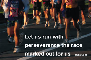 Picture of athletes running and bible text let us run with perseverance